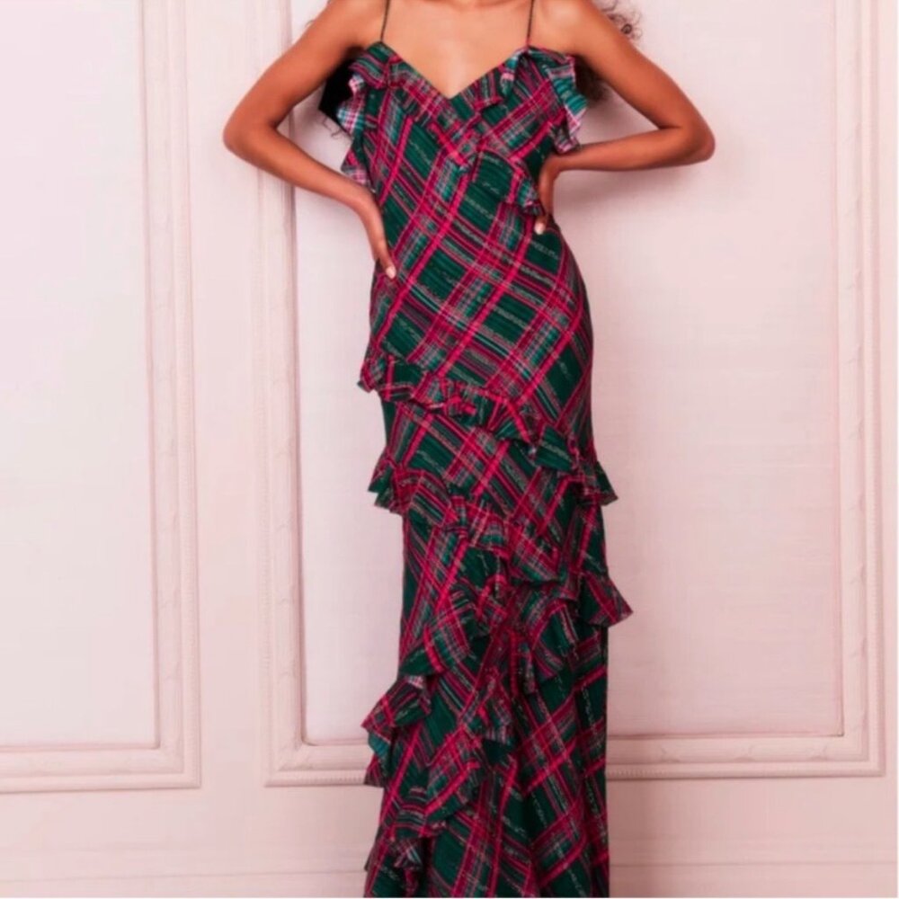 LoveShackFancy Women’s Rialto Silk Plaid Ruffle Maxi Dress Sz 0